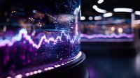 Futuristic holographic financial data visualization with glowing purple charts and graphs floating in modern digital trading environment for business analytics.