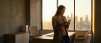 Professional businesswoman using smartphone in modern office with city skyline view during golden hour sunset for corporate communication and productivity.