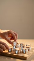 Businessman hands arranging wooden blocks with lightbulb icons representing creative thinking and innovation strategy for business development.