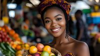 Young African woman in traditional headwrap holding fresh fruit basket at local market, displaying bright citrus oranges and peaches with genuine welcoming smile.