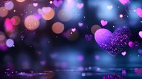 Glowing purple hearts and bokeh lights create romantic atmosphere on dark background with sparkles and reflections. Dreamy Valentine's Day backdrop.
