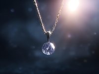 Sparkling diamond pendant on silver chain necklace against dark background with lens flare and bokeh effects, luxury jewelry photography.