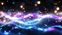 Magical glowing waves with sparkles and bokeh lights in blue and purple colors against dark background creating dreamy abstract composition.