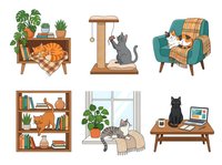 Cozy cat lifestyle scenes with furniture, plants and relaxing feline companions. Isolated clipart set ready for design projects, t-shirts and home decor applications.
