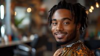 Young African American man with dreadlocks smiling confidently in modern cafe or restaurant setting with warm bokeh lights in background for lifestyle content.