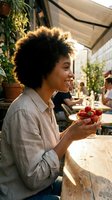 Young woman with curly golden-brown hair and medium skin tone holding fresh strawberries at outdoor dining table surrounded by plants and guests enjoying meal together.