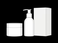 Cosmetic packaging set with cream jar, pump dispenser bottle and box, isolated on transparent background, ready for t-shirt, sticker and print on demand design.