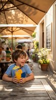 Happy young boy enjoying fresh orange juice at outdoor cafe terrace during sunny summer day with warm golden light and umbrellas creating cozy atmosphere.