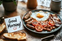 Traditional English breakfast with fried egg, bacon, tomatoes, beans and toast served on rustic wooden table with good morning note, cozy morning atmosphere.
