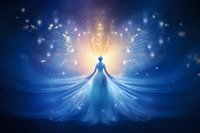 Magical silhouette of ethereal woman in glowing blue dress with flowing fabric against starry night sky, radiating light and sparkles in fantasy setting.