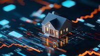 Miniature house model on digital stock market chart background with glowing orange trend lines and financial data.