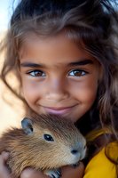 Young girl with bright blue eyes holding a guinea pig pet, sharing a tender moment together. Close-up portrait showing genuine happiness and connection between child and animal.
