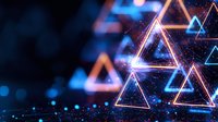 Glowing neon triangles with light effects on dark background, abstract geometric shapes with blue and orange illumination and bokeh particles.