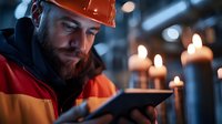 Bearded Caucasian male construction worker in orange safety helmet and reflective vest using digital tablet in dark industrial setting with atmospheric candle lighting.