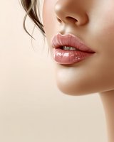 Close-up of glossy coral lips and smooth skin against neutral beige background, showcasing natural beauty for cosmetic advertising.