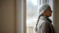 Senior woman with long gray braided hair gazing out window, contemplative mood, suitable for aging, wellness, lifestyle and emotional storytelling content.