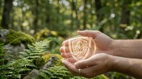 Hands cupping glowing geometric rose symbol in lush green forest with ferns, representing nature conservation, environmental protection and sustainable living.