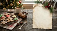 Blank aged paper with festive holiday cookies, cinnamon sticks, and evergreen garland on rustic wooden table. Perfect for seasonal greeting cards, invitations, menus.
