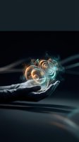 Hand holding glowing geometric orb with golden and cyan light rings, swirling energy waves, dark background. Concept for innovation, technology, future vision, digital transformation, and creative solutions.