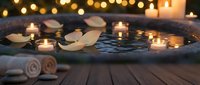 Relaxing spa bath with floating candles, rose petals and warm lighting creating peaceful wellness atmosphere for meditation and self-care rituals.