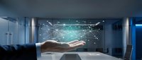 Businessman hand holding digital network globe with glowing connections in modern office workspace for technology and business solutions.