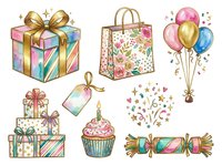 Festive gift box with golden bow, shopping bag with floral pattern, bunch of balloons in pink and gold, stacked presents with striped wrapping, birthday cupcake with candle, confetti elements, and wrapped candy for celebrations.