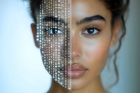 Young woman with medium brown skin tone and dark eyes, half of face covered with digital pixelated data overlay, representing facial recognition technology and biometric scanning for security applications.