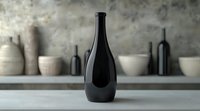 Elegant black matte ceramic bottle on concrete surface with artisanal pottery collection displayed on shelf in background, creating minimalist composition.
