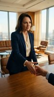 Professional mature businesswoman shaking hands in modern office boardroom during corporate meeting for partnership deals and executive negotiations.