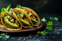 Fresh vegetarian tacos with avocado, beans and herbs on wooden board. Healthy Mexican cuisine for restaurant menus and food blogs.