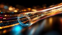 Glowing fiber optic cable transmitting light signals with blue and orange streaks against dark background, modern telecommunications concept for internet speed.