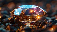 Brilliant cut diamond with warm amber reflections and light sparkles against dark background, macro photography showing facets and crystal structure.