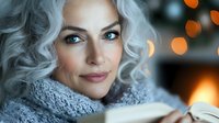 Mature woman with silver curly hair wearing cozy gray scarf enjoying warm drink by fireplace with bokeh lights creating intimate winter atmosphere.
