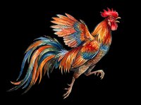 Colorful rooster with vibrant orange, red, and blue plumage isolated on transparent background. Ready for t-shirt designs, clipart, stickers, and print-on-demand products.