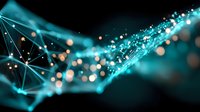 Abstract network visualization with glowing turquoise connections and orange bokeh lights flowing through dark space, representing digital data streams and connectivity.