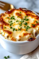 Creamy baked macaroni and cheese topped with golden brown crust and fresh chopped parsley served in white ceramic ramekin, close up view of comfort food.