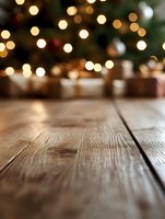 Rustic wooden table with blurred Christmas lights and wrapped presents in background creating festive holiday bokeh effect, selective focus on wood grain texture.