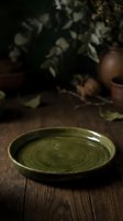 Empty green ceramic plate on wooden surface with fresh herbs and natural lighting for food styling and culinary design projects.