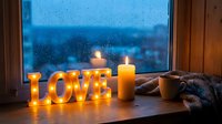 Cozy windowsill with glowing LOVE sign, lit candles, warm mug, and knit scarf on a rainy evening, creating a romantic hygge atmosphere.