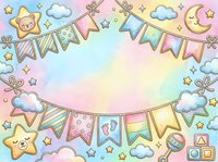 Pastel nursery background with decorative bunting, stars, clouds, and toys arranged in frame borders, ideal for baby shower invitations, greeting cards, and children's designs.