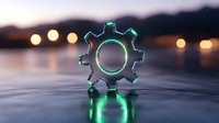 Glowing neon gear cog floating above reflective water surface with bokeh lights in background, symbolizing technology innovation and mechanical progress.