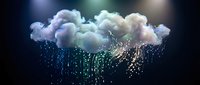 Glowing cloud with colorful rain drops falling against dark background. Digital art concept for weather, technology, data flow and atmospheric effects.