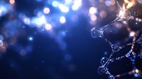 Glowing DNA molecule structure with bokeh lights on dark blue background creates magical scientific atmosphere. Genetic research concept.