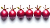 Fresh ripe red crabapples arranged in neat row on white background, showing natural stems and leaves. Clean minimal food photography with soft shadows.