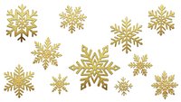 Golden snowflakes collection isolated on transparent background for winter holiday designs, Christmas decorations, greeting cards and festive projects.