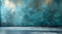 Atmospheric turquoise and copper abstract background with reflective floor surface. Moody artistic backdrop for product photography and commercial displays.