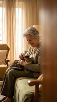 Smiling elderly Caucasian woman grooming a tabby cat on her lap in a warm, cozy living room, enjoying a peaceful moment of pet companionship.