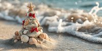 Christmas tree made of seashells and starfish on sandy beach with ocean waves, perfect for tropical holiday designs.