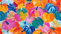 Vibrant multicolored pumpkins in abstract artistic style create seamless pattern. Bright orange, pink, blue and yellow gourds overlap in modern festive arrangement.