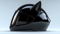 Sleek black motorcycle helmet with cat ears design feature on top, showcasing modern protective gear with playful aesthetic elements on light background.
